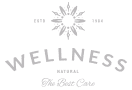Wellness-Natural-Logo: Sonne, ESTD 1984, WELLNESS NATURAL und The Best Care auf Schwarz.